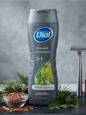 Dial Men Recharge 3-in-1 Body Wash, Hair & Face Cleanser – Cedar Leaf Scent, 16